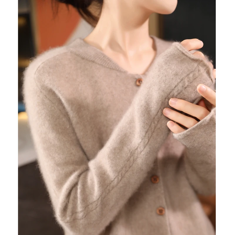 100% Wool Cardigan Sweater Women Sweater Fashion Solid Color Long Sleeve Top Autumn Winter Knit Female Casual Loose Warm Jacket