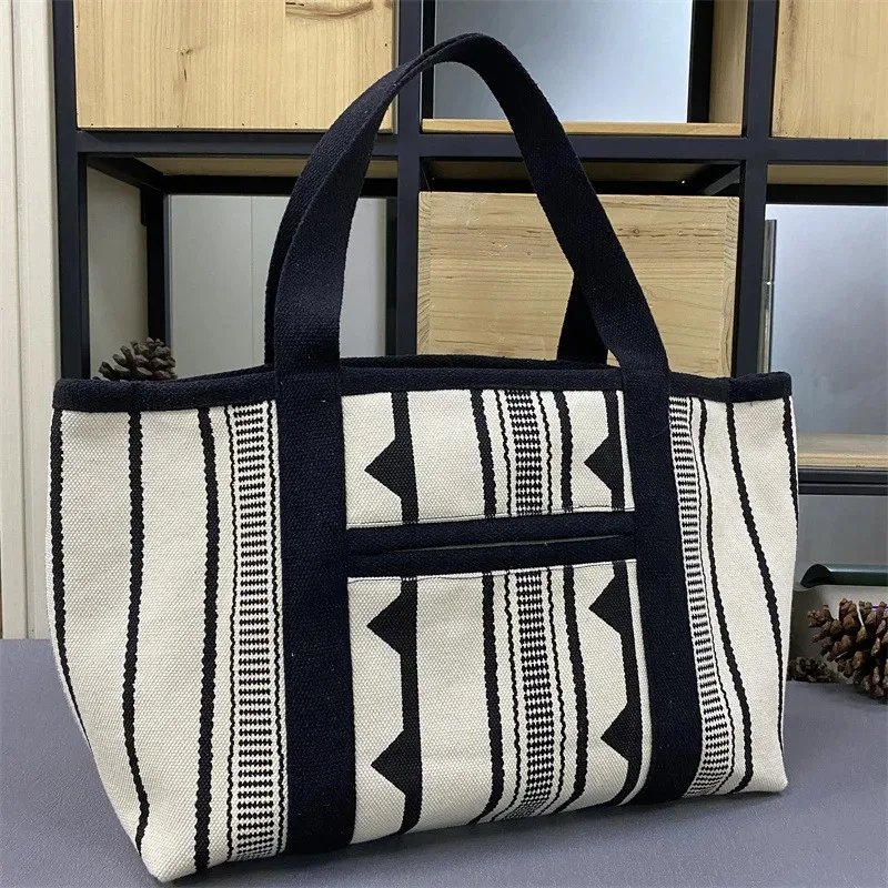 Causal Letters Print Canvas Tote Bag Korean Ins Women Large Shopping Handbag Ladies Contrast Color Stripe Shopper Shoulder Bag