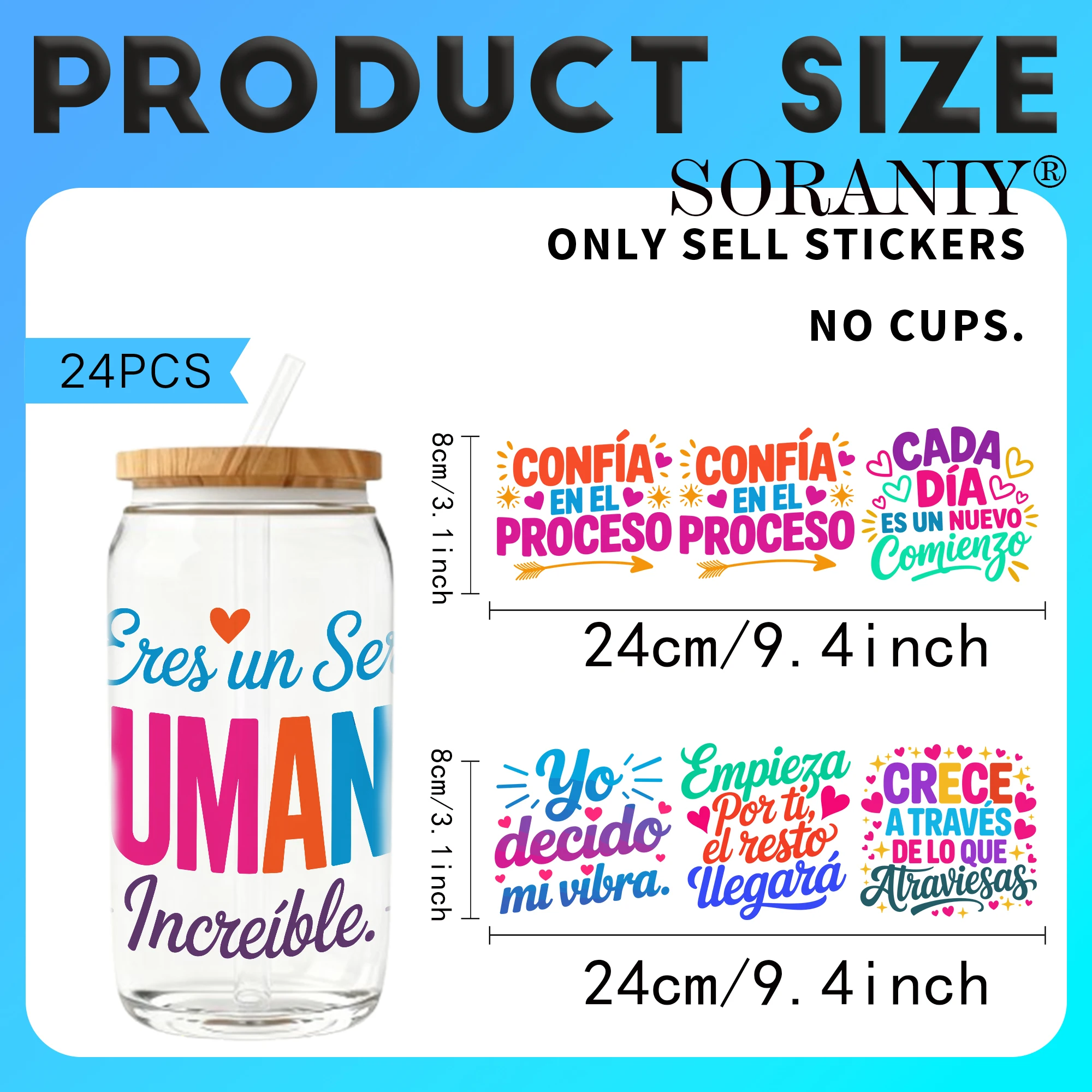 24PCS/Set Spanish Motivational Quotes Seal Themed UV DTF 16OZ DIY Transfer Paper Set Used For 16oz Water Bottles Glass BottlesDI
