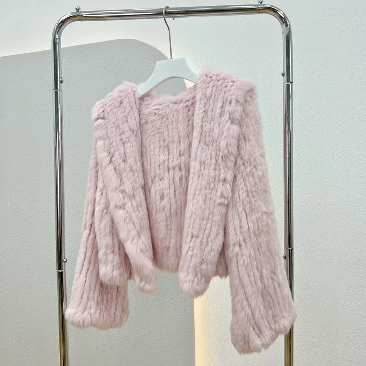 2024 Autumn Winter Real Rabbit Fur Coat for Women Manual Weave Fur Jacket Loose Hooded Flare Sleeves Outwear New Pink White