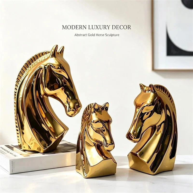 Gold Ceramic Horse Head Sculpture, Modern Animal Statue Luxury Home, Decor Abstract Figurine For Living, Room Office Desktop Gif