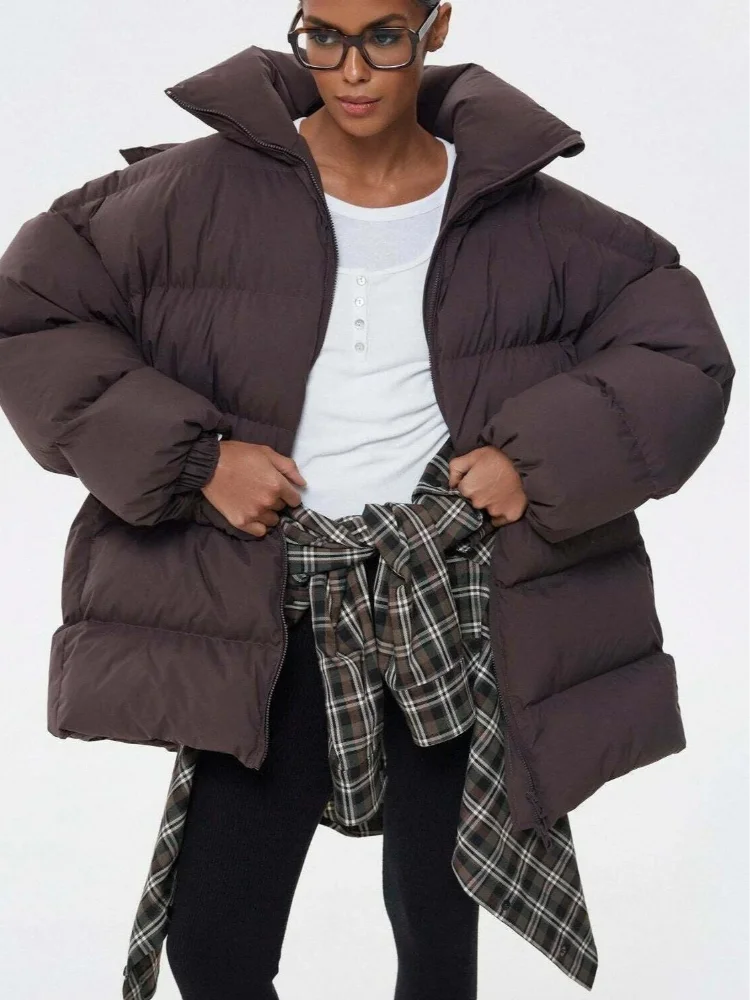 

Casual Brown Hooded Cotton Jacket Women Chic Solid Stand Collar Full Sleeve Zipper Loose Jackets Lady Winter Daily Commute Coat