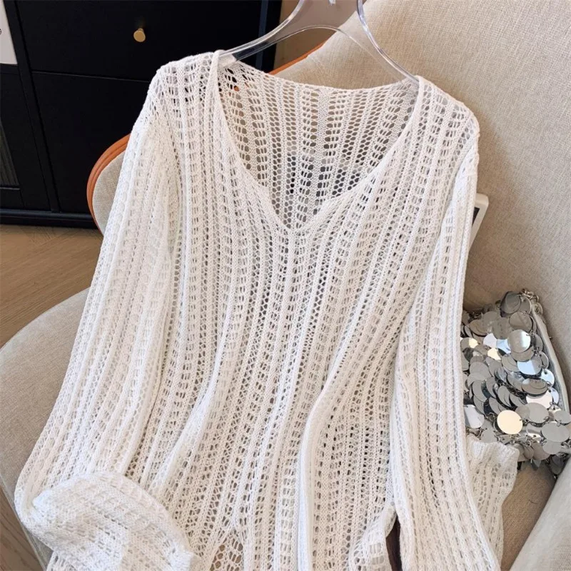 Summer Sweater Knitted Cardigan Hollow Long Section Women Cardigan Jumper Split V-neck Long-sleeved Loose Sunscreen Jacket Coat