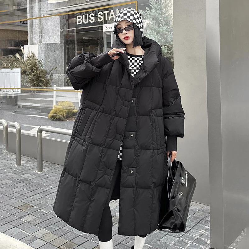 Schinteon Women's White Duck down Long Jacket with Hood Casual Loose Fit Over Size Autumn Winter Thick Warm Outwear High Quality