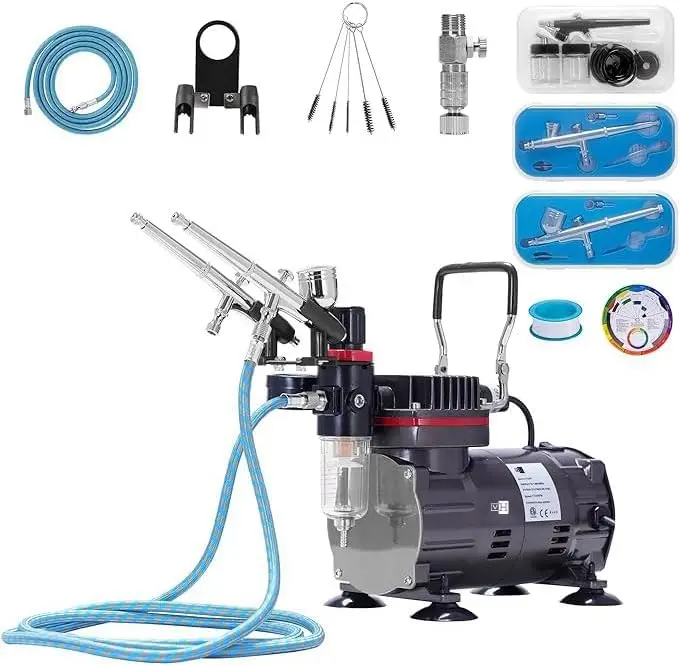 Kit with 1/5 HP Air Compressor and 3 Dual Action Professional Airbrush Gun, Gravity and Siphon Feed, Quiet Air Brush Paint Set w