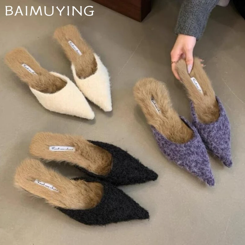 Fur Slippers Women Pointed Toe Mules Shoes Woman 2024 Trend Elegant Winter New Short Plush Fashion Pumps Slingback Zapatos Mujer