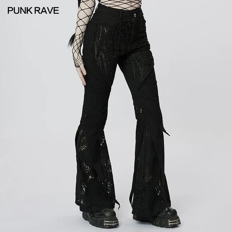 PUNK RAVE Women's Gothic Gorgeous Elegant Lace Mesh Flared Long Pants Daily Sexy Black Women Trousers Spring/Autumn