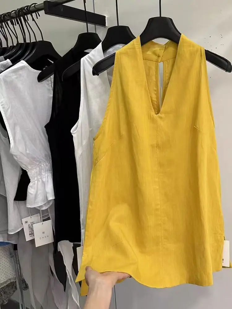 

Y2k V-neck Halter Sleeveless Shirt Women 2025 Summer New Black All-match Vest Blouses Mid-length Loose Blusas De Mujer