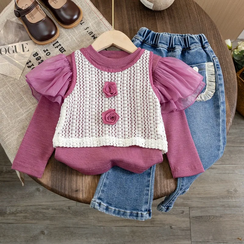 

New Girls Spring Autumn Three Piece Sets Undershirt Sweater Knit Vest Jeans Loose Soft Sweet Flower Fashion All-match Outdoor