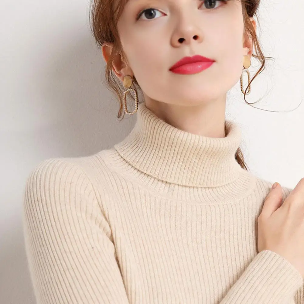 

Сплошной цветной топ, элегантный свитер с воротником для женщин, облегающий вязаный топ с длинными рукавами, стильный ребристый дизайн для ношения, однотонный