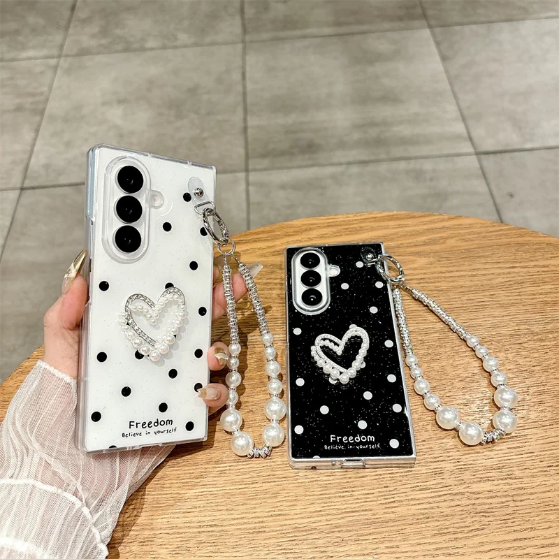 

Корейский чехол для телефона Cute Love в горошек для Samsung Galaxy Z Fold 7 6 5 4 Fold7 Fold6 ZFold5 с чехлом-цепочкой Kawaii Funda