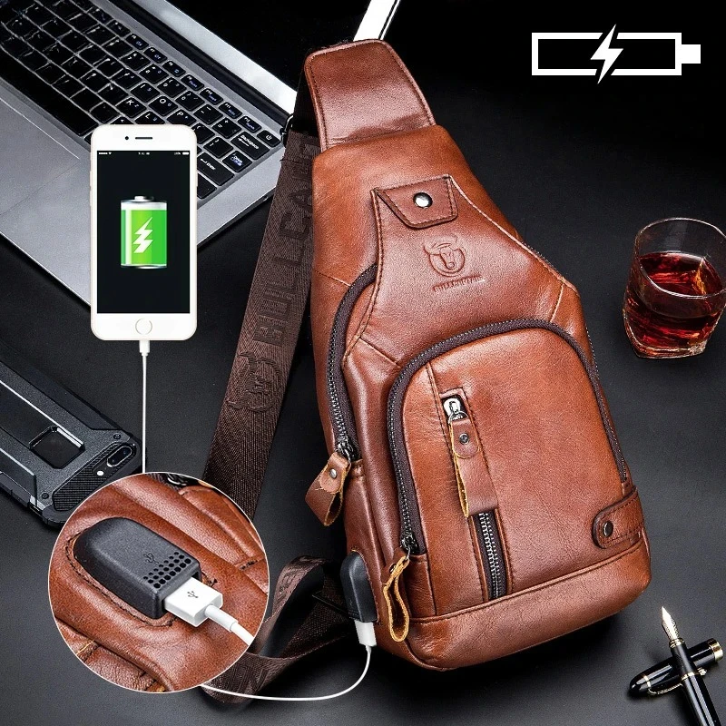 

Bullcaptain Leather Large Capacity Chest Bag Men's Shoulder Bag with USB Port for Outdoor Casual Activities