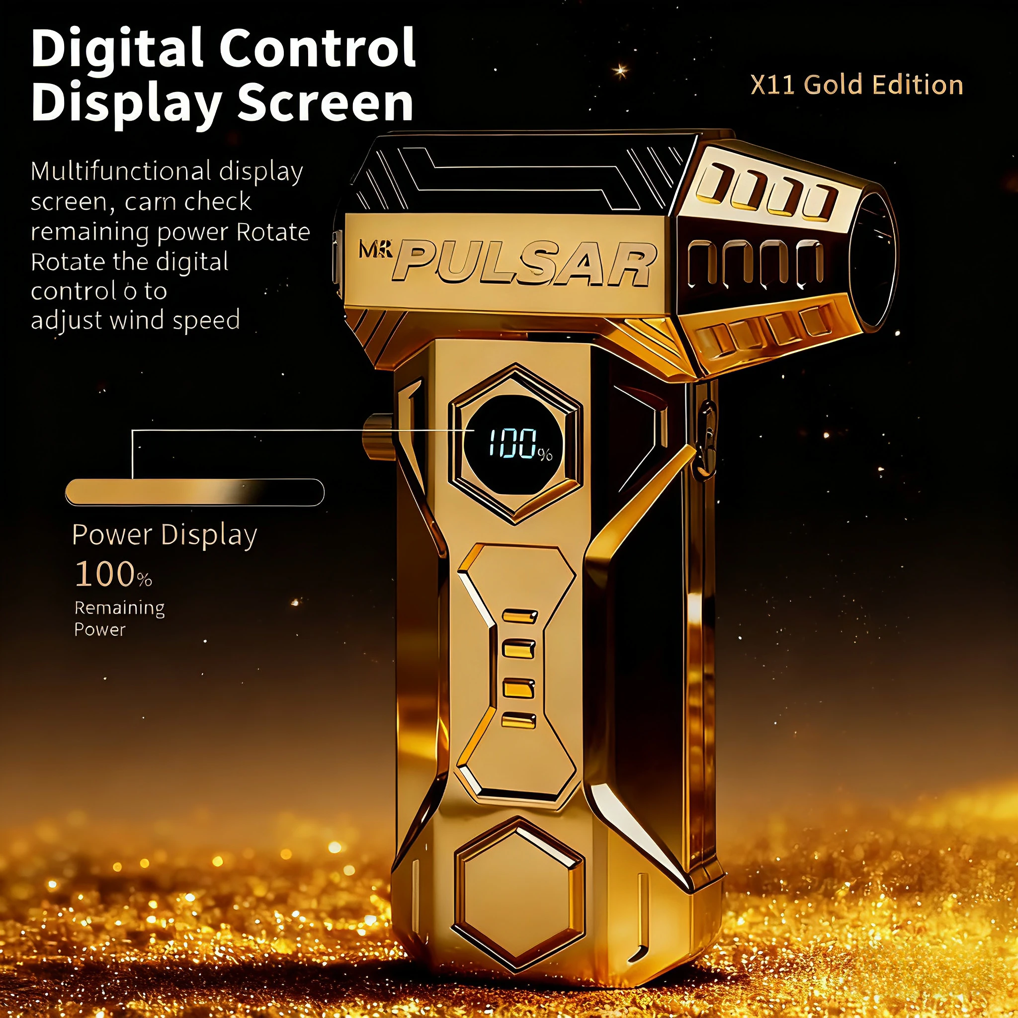 

Gold X11Pro Max turbocharged powerful fan, 990,000 RPM, wind speed 75m/s, with LED display screen，brushless electric machine.