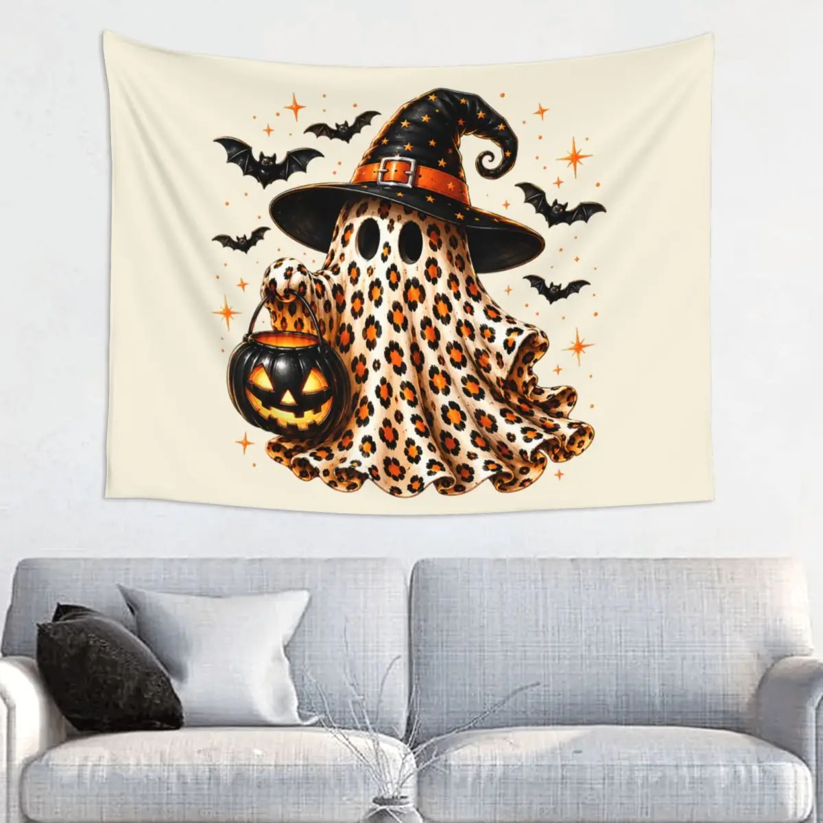Cute Leopard Ghost Tapestry Bohemian Polyester Wall Hanging Halloween Preppy Spooky Wall Decor Yoga Mat Witchcraft Wall Blanket