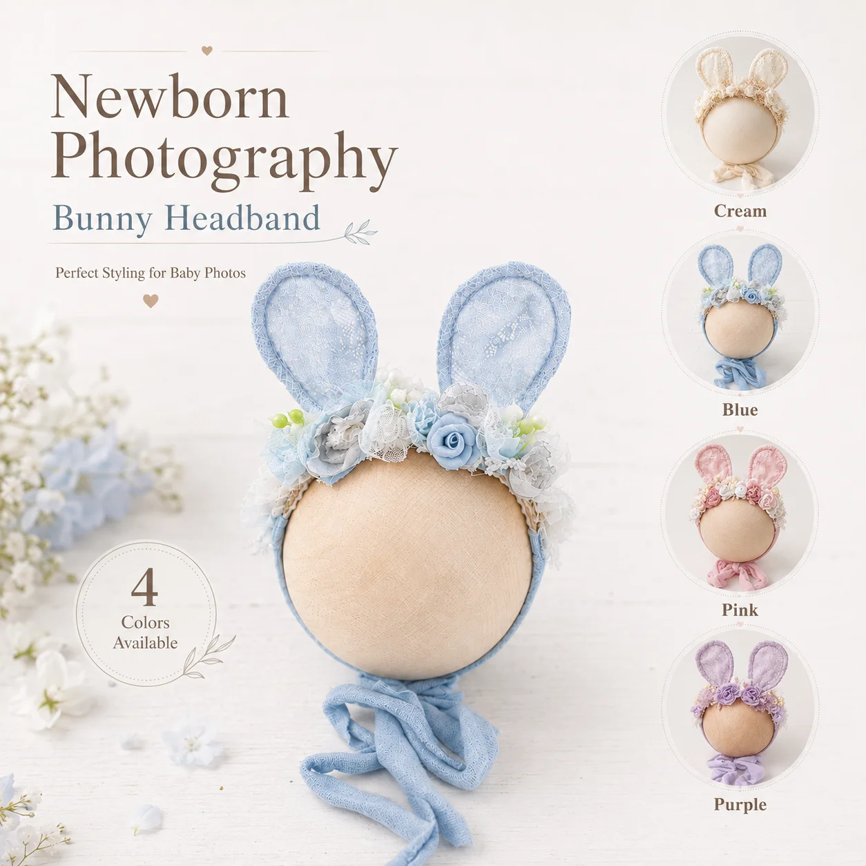 Newborn Photography Floral Lace Rabbit Ear Headband Handmade Infant Girl Bunny Headpiece Baby Tieback Photo Prop Accessory