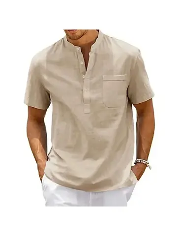 Cotton Linen Shirt Men Henley Neck Pocket Casual Beach Short Sleeve Solid Color Male Tops T-shirts Vintage Streetwear