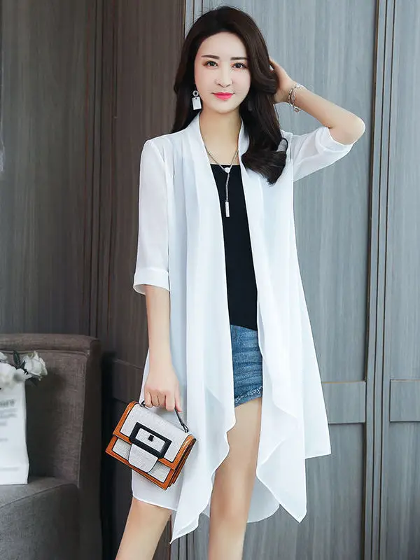 

Ультратонкий женский солнцезащитный кардиган с длинным рукавом, V-образным вырезом, средней длины, однотонный, летний, из шифона