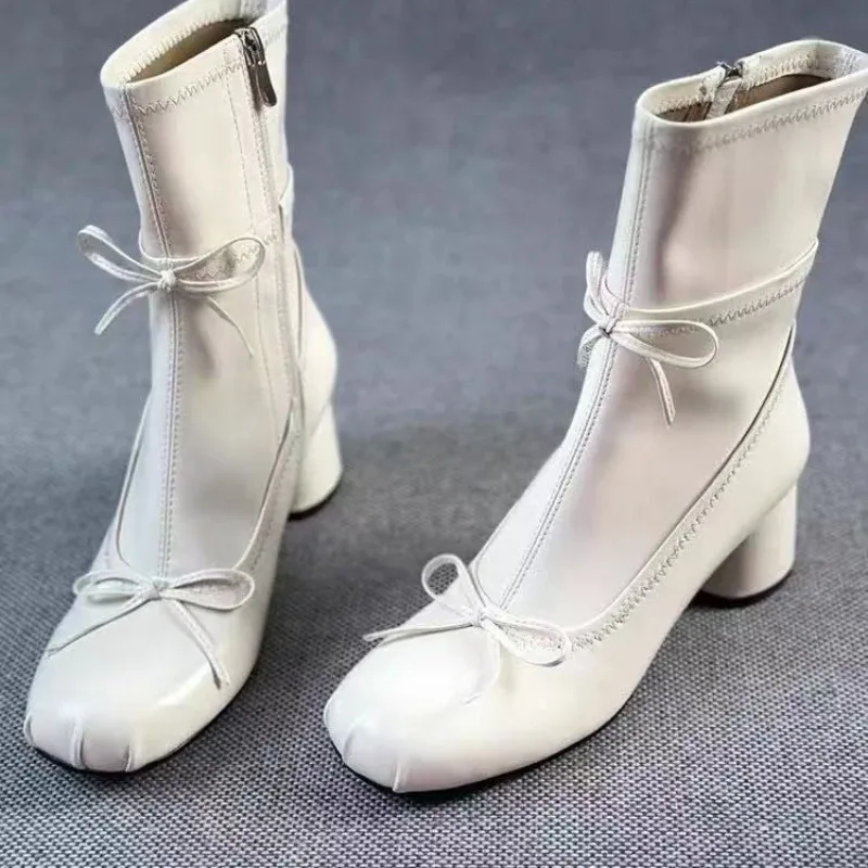 

Ботильоны с бантом, осень 2023, новые нескользящие износостойкие туфли на блочном каблуке с квадратным носком и боковой молнией