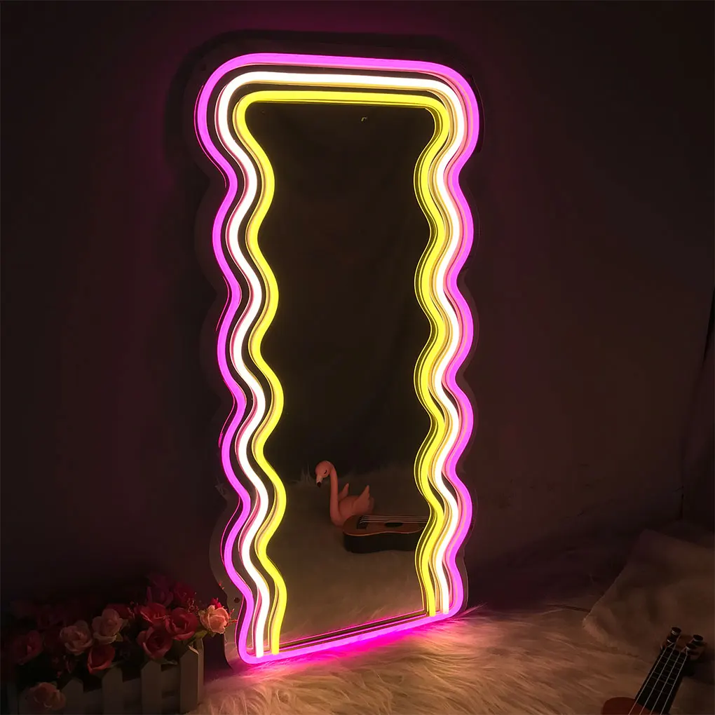 Wavy Mirror with LED Neon Lights LED Cosmetic Make Up Wave Mirror Night Lamp Girls Home Room Decoration Makeup Mirror Lights