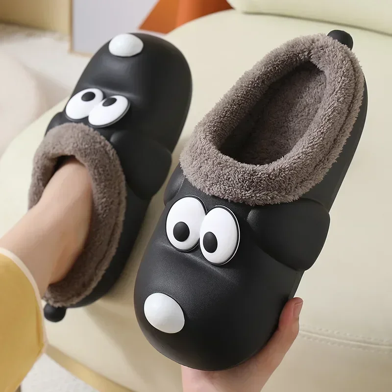 Winter Warm Home Slippers Women Cartoon Dog Waterproof Slippers Men Indoor Cotton Shoes Non-Slips Soft EVA Slippers Couples Shoe