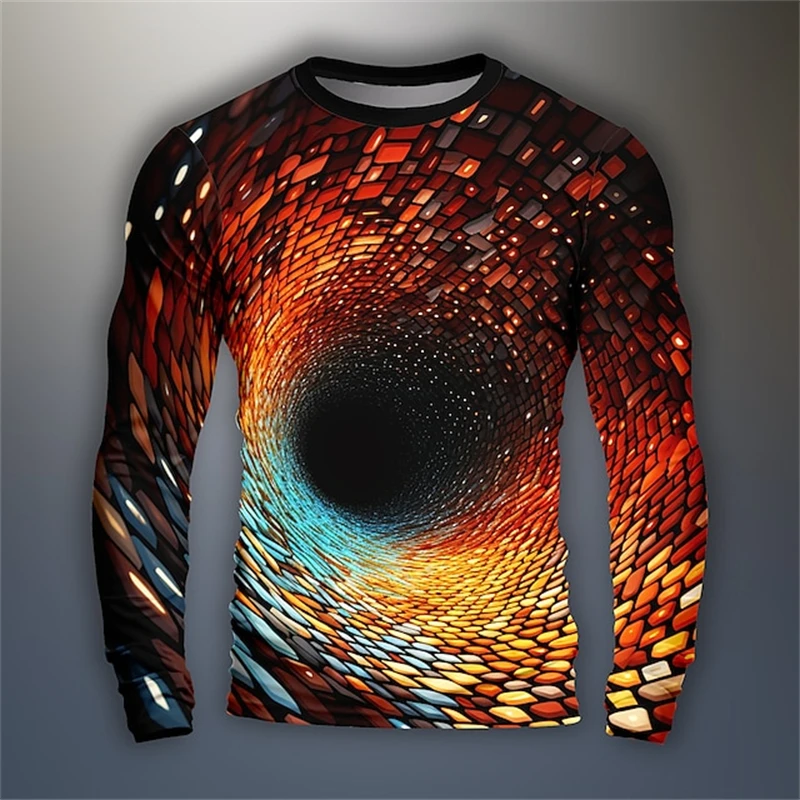 

Футболка мужская с длинным рукавом и круглым вырезом, повседневный топ с печатным 3d-рисунком оптической иллюзии, с эффектом потертости, весна-осень