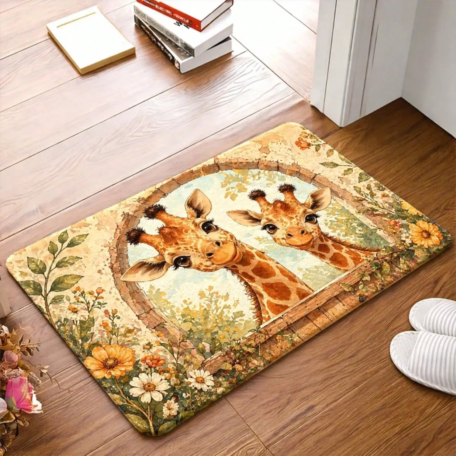 1pc, Cute Giraffe Floral Pattern Doormats, Durable, Machine-Washable, Bath Mat, Suitable For Living Room, Bedroom, Office, Indoor, Bathroom, Balcony, Corridor