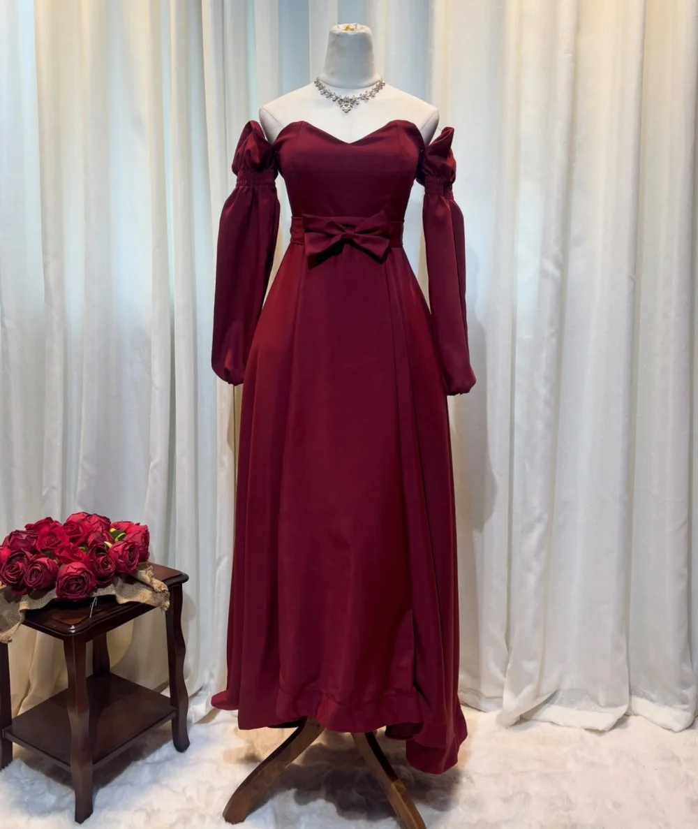 

Customized Jersey Bow Off-the-shoulder Red Midi Dresses Bespoke Occasion Simple Homecoming Party Gown High Quality Elegant