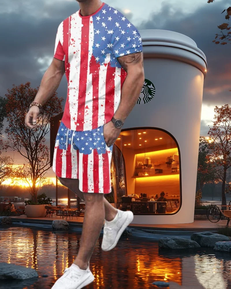 

Лето 2025 г., бестселлер, модный мужской костюм с короткими рукавами и принтом флага, повседневный и удобный простой спортивный уличный костюм на открытом воздухе