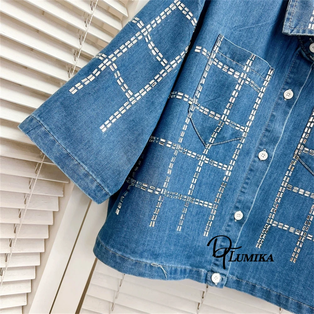 DTLumika 2025 أزياء الزي للنساء، قميص وتنورة من قماش الدنيم الأزرق مطرز مكون من قطعتين، فستان السفر على الشاطئ والخريف والربيع