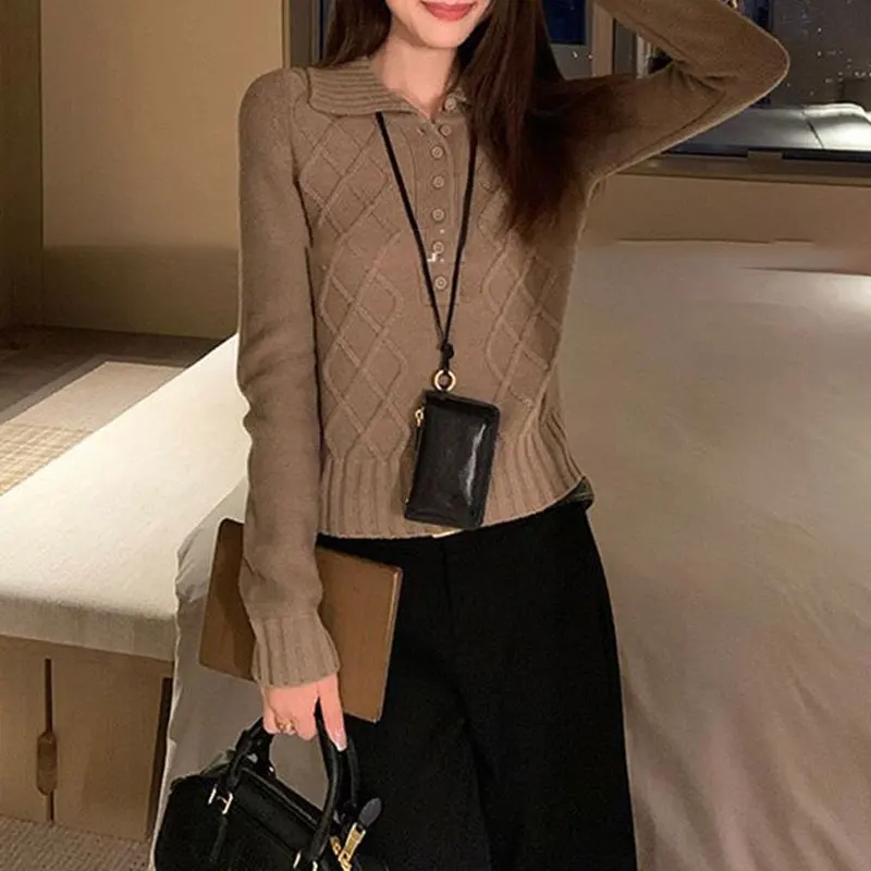 الأساسية خمر بلون محبوك البلوفرات الملابس النسائية بدوره إلى أسفل طوق زر الخريف الشتاء عارضة طويلة الأكمام البلوزات #4