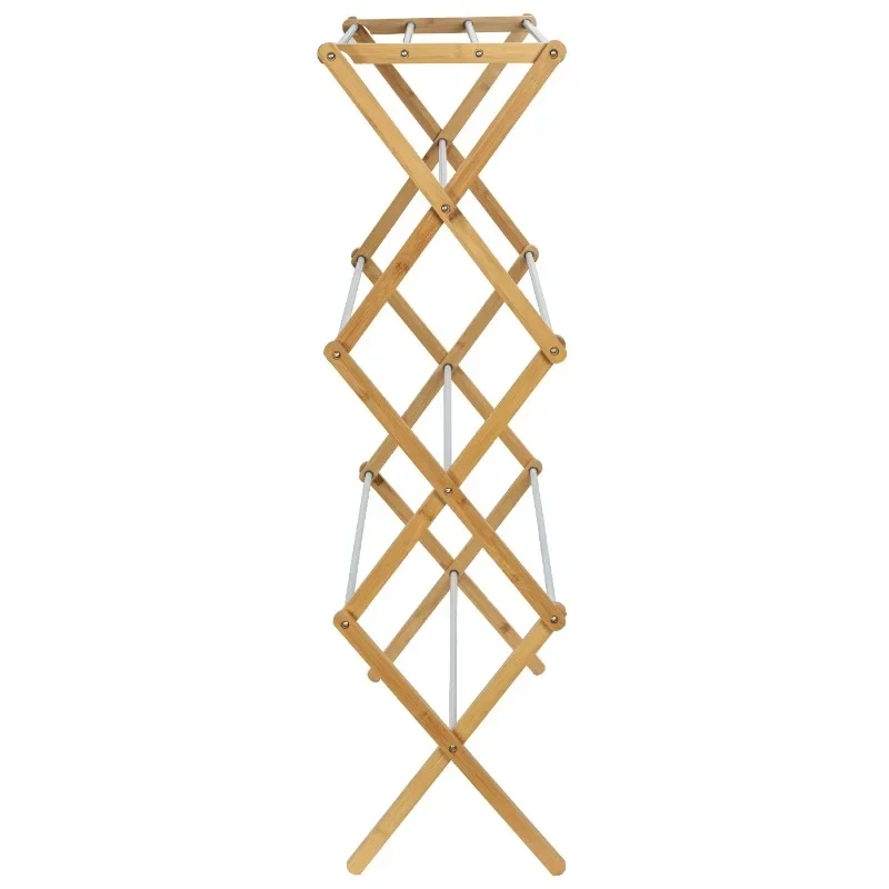 3 tiers Folding Laundry Storage & Organization Cloth Stand Steel and Bamboo Material Expandable Clothes Dryer