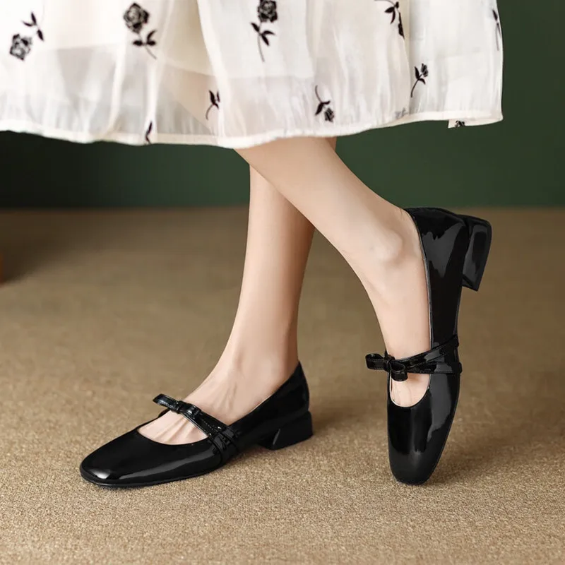 French Retro Women Shoe 2023 Autumn Lacquer Leather Bow Single Shoe Fashion Mary Jane Shoe Women Low Heels Elegant Leather Shoes