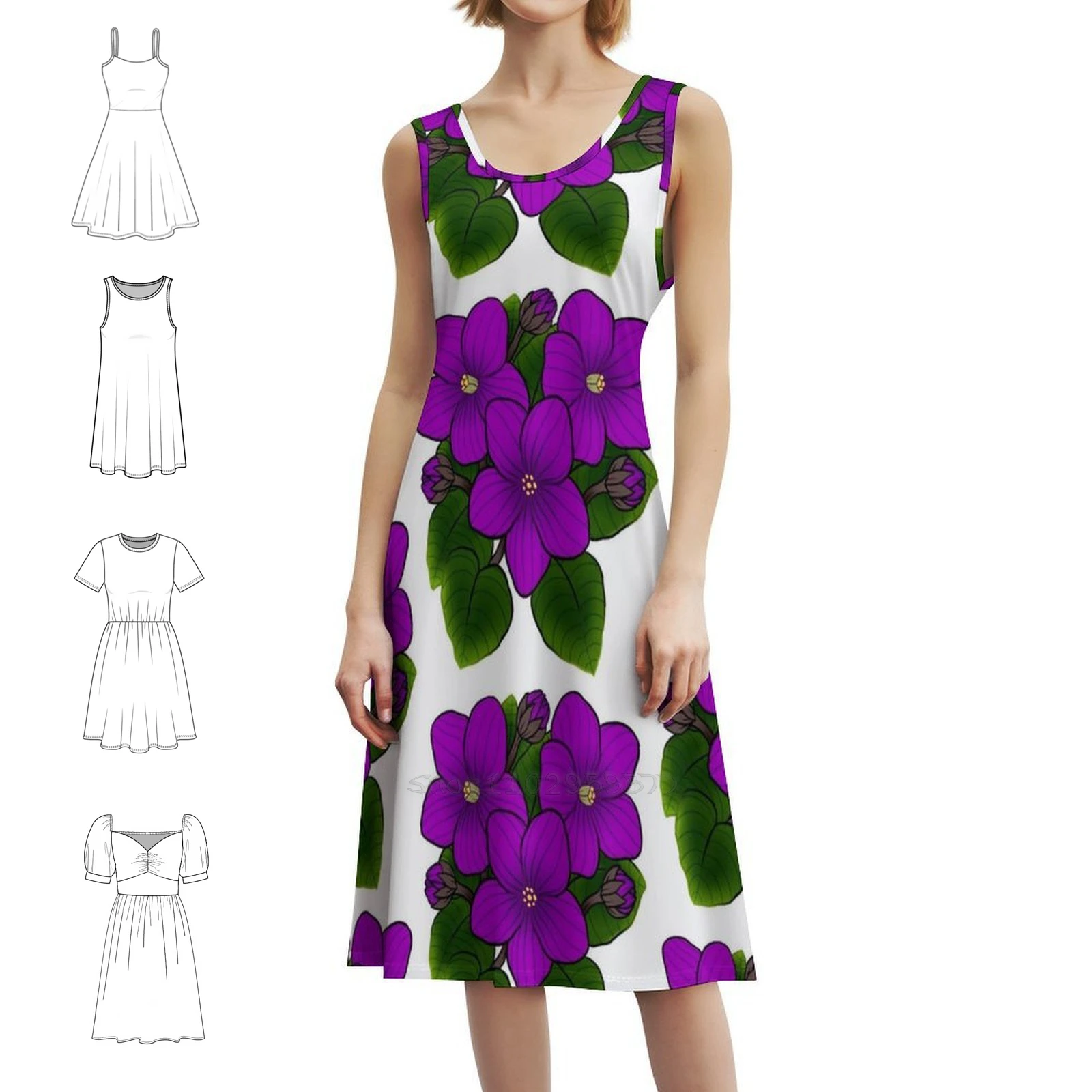 الأرجواني البنفسج الأفريقي في الأبيض البوهيمي فستان بلا أكمام للنساء طباعة فساتين حفلات الشاطئ البنفسجي البنفسجي الأفريقي الأفريقي