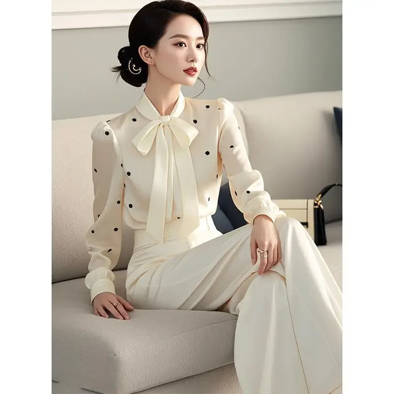 Women Stylish Polka Dots Print Lace-up Bow Blouses Office Lady Elegant Luxury Commute Shirts Spring Autumn Long Sleeve Slim Tops