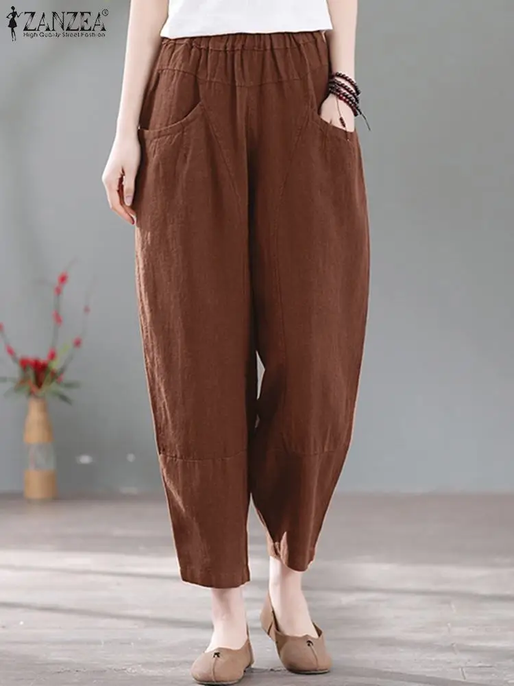 

ZANZEA Summer Vintage Solid Pants Women Casual Elastic Waist Trousers Loose Harem Pant Female Work Palazzo Pantalon Oversize