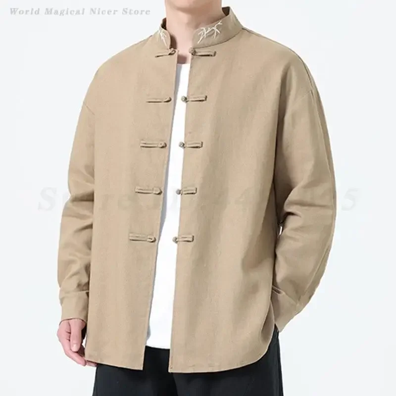 الصينية التقليدية تانغ البدلة سترة موحدة الكونغ فو معطف كبير الحجم الرجال بلوزة طويلة الأكمام الرجعية قميص خمر زر حتى Hanfu #1