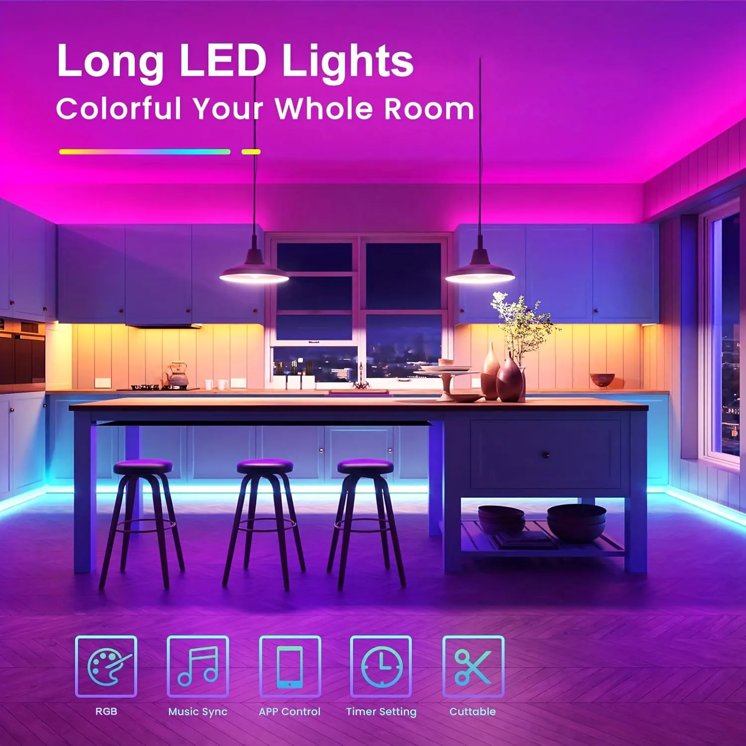 50FT Bedroom LED Strips Light, Color-hanging LED Strips Set, with 24-key Remote Control and Intelligent Application Control, RGB Music Synchronous Lighting, Suitable for Rooms, Home Decoration