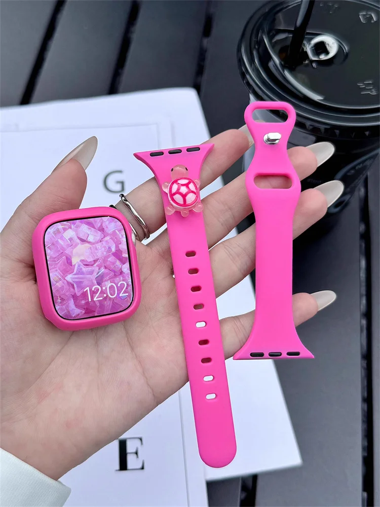 Y2k Cute 3D Animal Rose Red Silicone Strap + Case For Apple Watch 46mm 42mm 49 41 45 44 42 40 38 Band For 10 9 8 7 SE 6 5 Strap