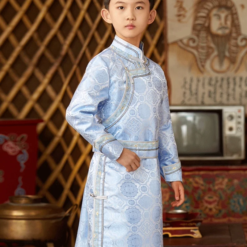 Chinese Mongolian Boys Traditional Mongolian Robe Ethnic Style Performance Dress
