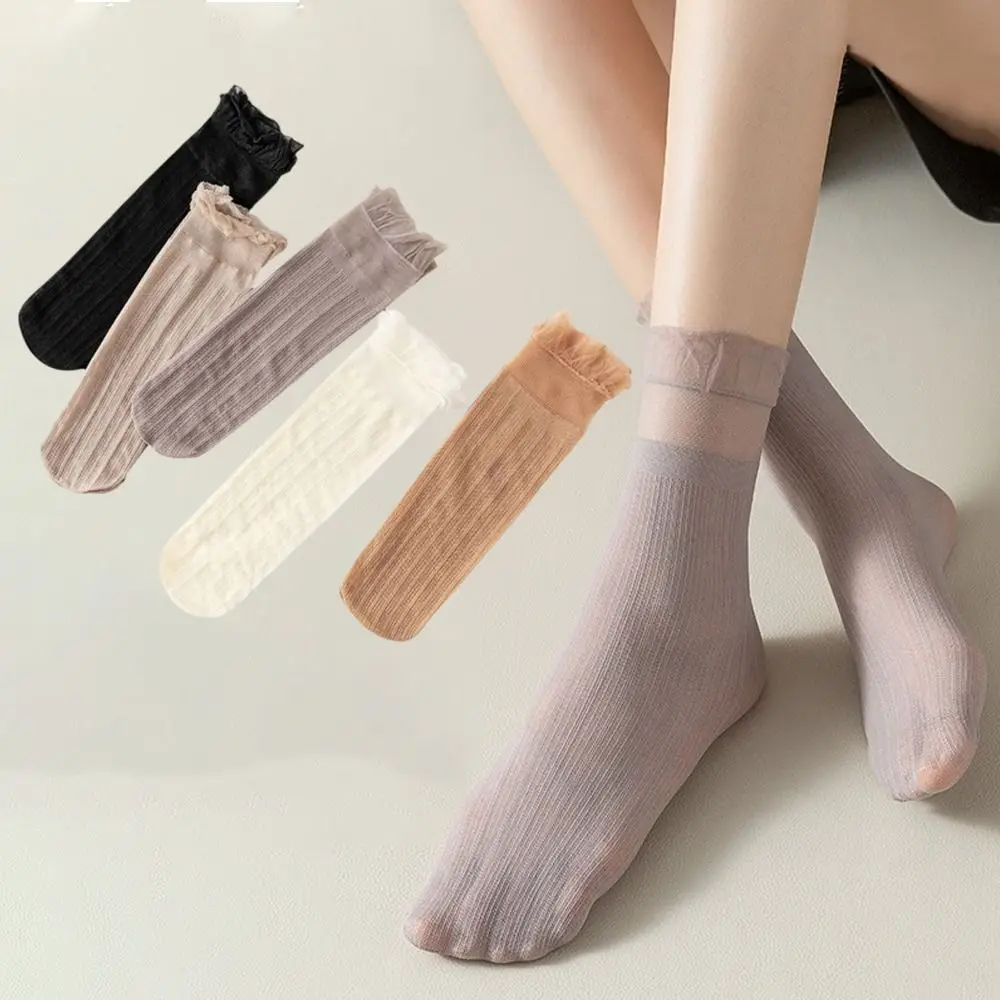 Kawaii Lolita Summer Women Socks Elastic Hollow Out Lace Ruffle Socks Ultra-thin Princess Tulle Sock For Female Ladies