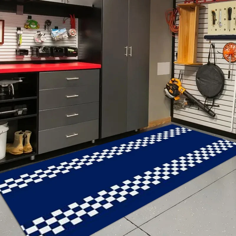 VIKAMA Blauer Motorrad-Teppich mit Rennstreckenmuster, Schmutzabweisende Matte, Rutschfeste Garagenbodenmatte, Sportlicher Autoreparatur-Teppich