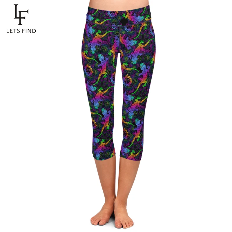 

LETSFIND Summer Sexy Workout Leggings Colorful Lizard Soft Milk Silk Print Capri Leggings High Waist Stretch Leggings