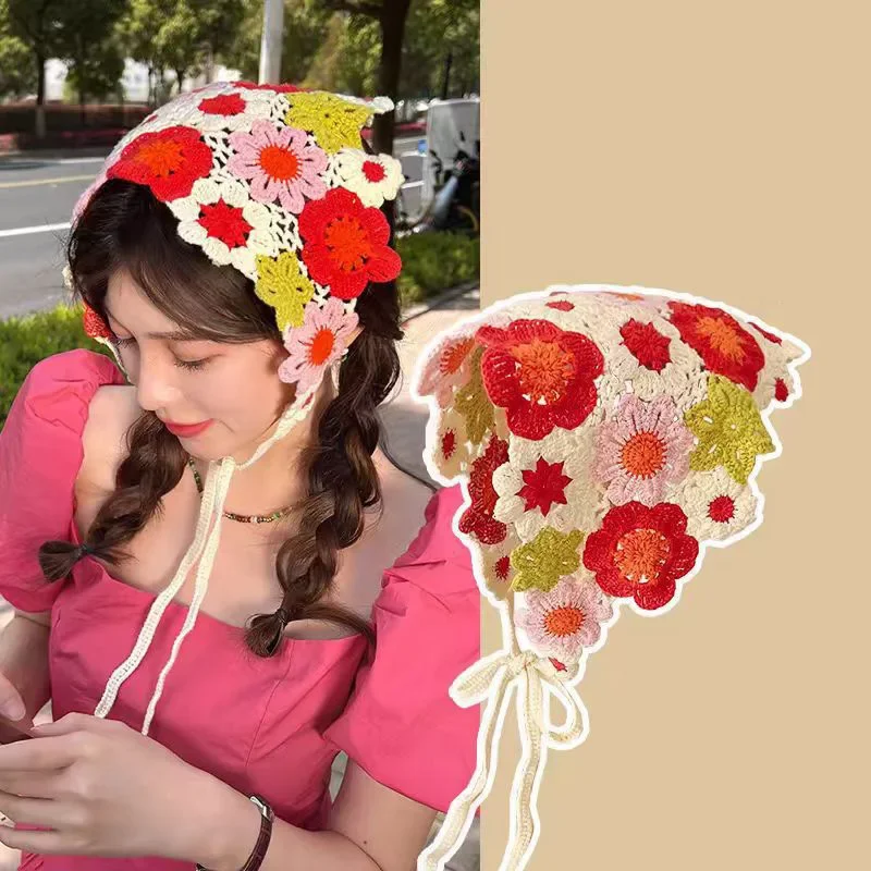 Korean Sweet Cute Handmade Crochet Hollow Triangle Headband Towel Women Spring and Summer Travel Literary Photo Hair Scarf image 3