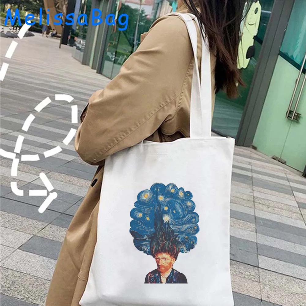 Cute Van Gogh Painting Women Canvas Shoulder Bag Totes Bag Aesthetics Sunflower Shopping Cotton Handbag Starry Night Books Bags