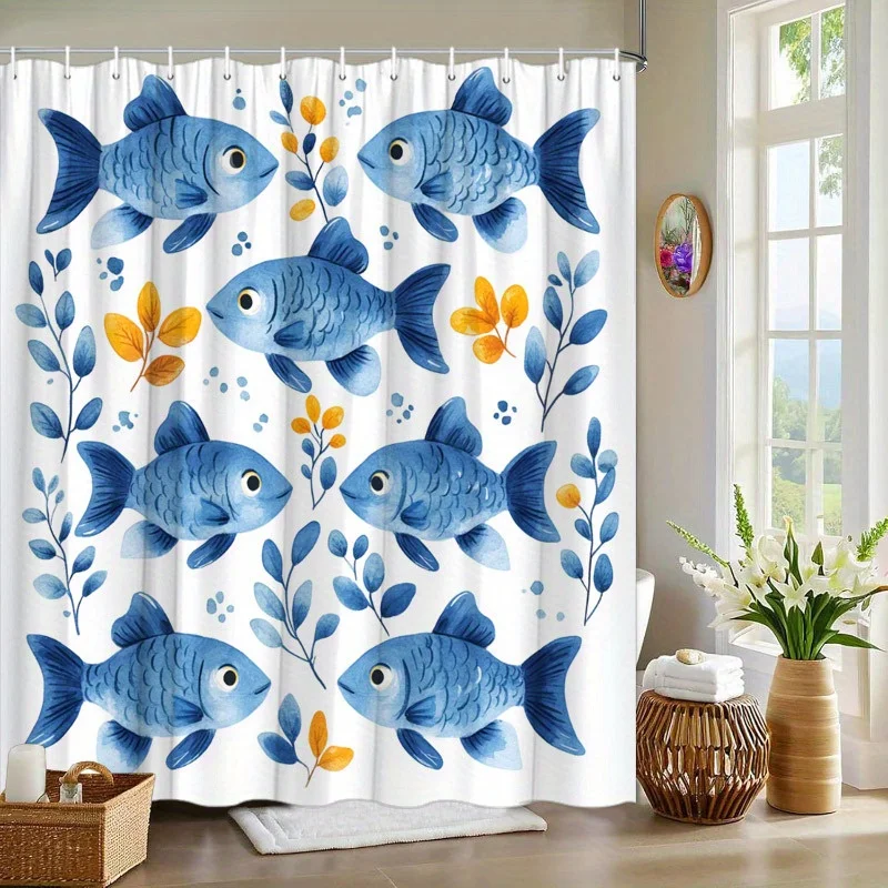 

1, акварельная занавеска для душа «Грайкая синяя рыба» с оранжевыми и синими листьями — симметричный узор, полиэстер, можно стирать в машине