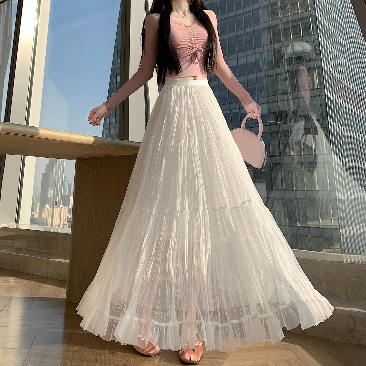 

Ele White Me f Skirt Women's Spring Faion Pleated High Waist A-Line Long Skirt with Lace Trim Slimming Effect