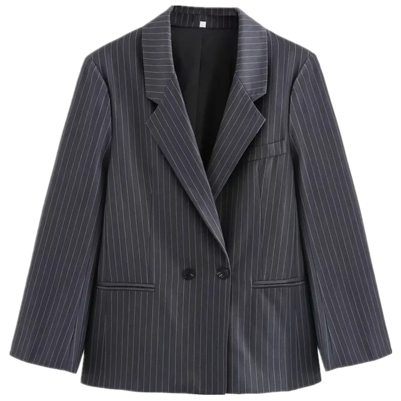 

Fall Winter New Arrival Women's Loose Fit Tailored Coat with Notch Collar Commute Slim Stripes Long Sve Busin Wear