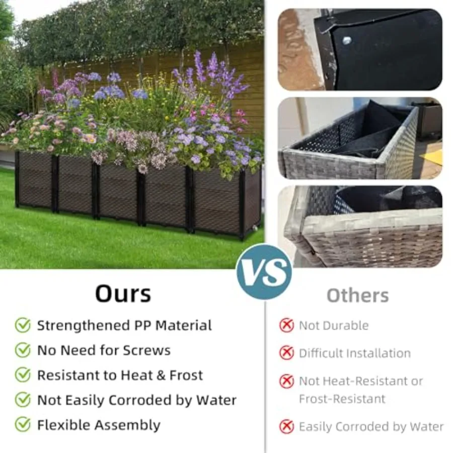 Outdoor self-watering raised planter box for patio, balcony, deck; cedar wood; natural brown; deep 19.7-inch height with draina view 3
