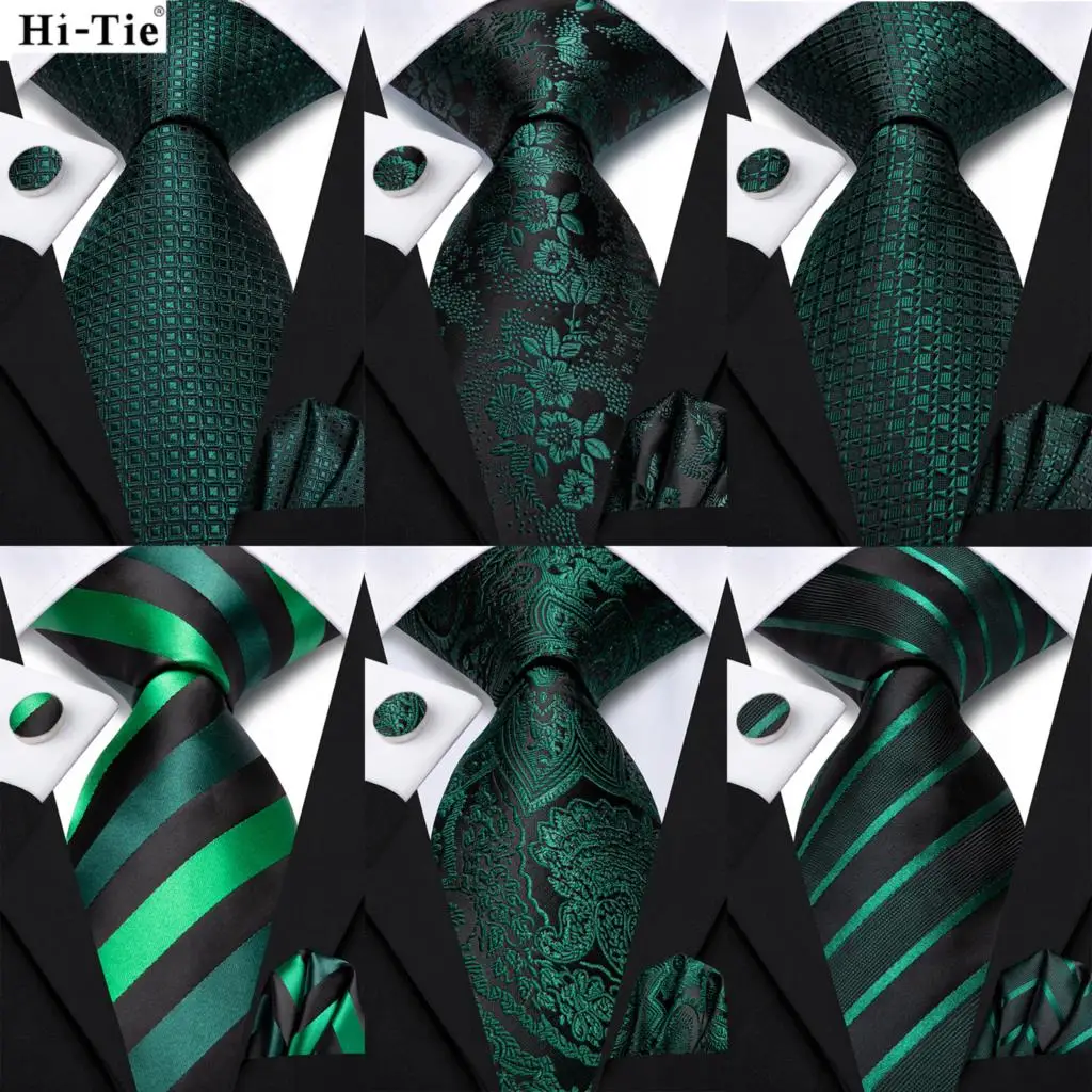 

Hi-Tie Dark Green Striped Silk Elegant Tie For Men Groom Wedding Men Necktie Pocket Square Cufflink Accessory Wholesale Designer