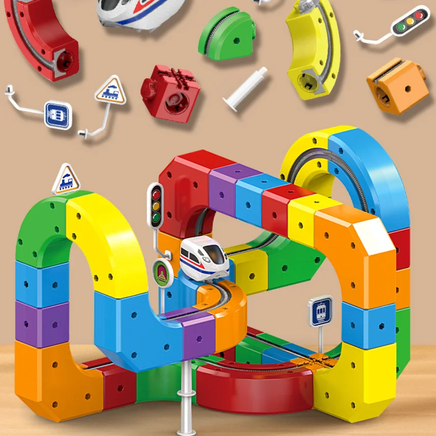 الأطفال المغناطيسي السكك الحديدية سيارة مكعب اللعب DIY بها بنفسك اللبنات لعبة تعليمية السحرية المسار قطار البناء هدايا عيد الميلاد للأطفال